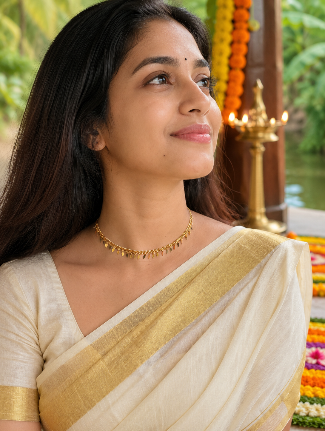 Woman in a traditional saree with decorative background