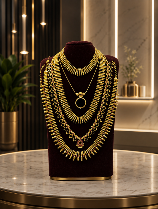 A luxury multi-layered traditional South Indian bridal gold jewelry collection arranged on a dark maroon bust display. The set features an intricate choker, a gold chain with a circular pendant, and multiple long traditional Kerala necklaces including jasmine bud (Mullamottu) and spike motifs accented with red stones, set against an elegant indoor background with warm lighting.