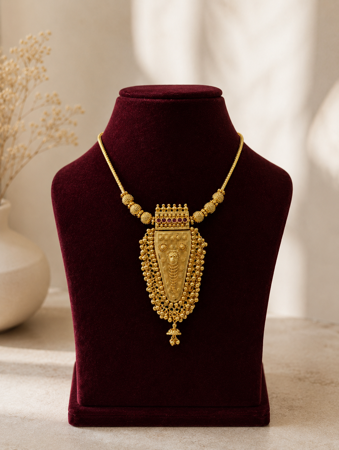 A close-up shot of an antique-finished gold necklace showcasing a large, detailed shield-shaped pendant with fine beadwork and a tiny jhumka droplet, beautifully presented on a dark maroon velvet jewelry bust under warm, natural lighting.