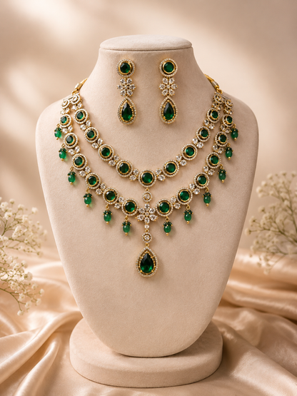 Mudra Emerald Green Layered Necklace Set with Drop Earrings