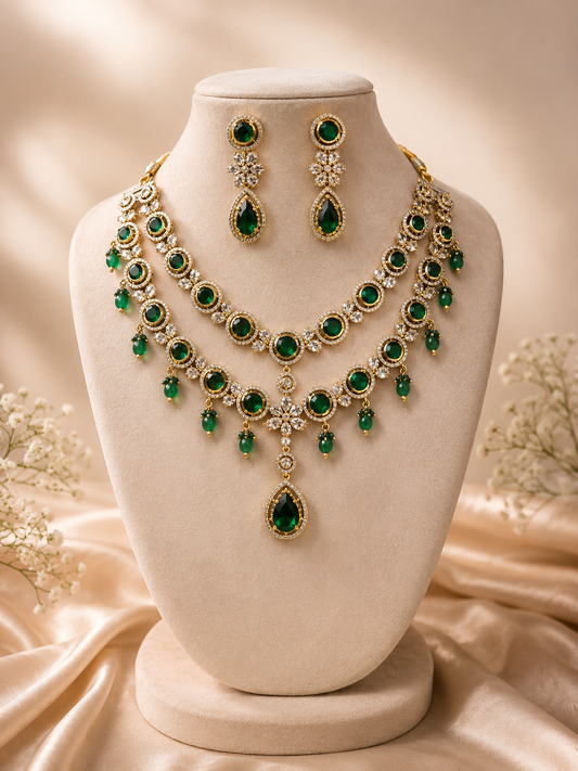 Mudra Emerald Green Layered Necklace Set with Drop Earrings
