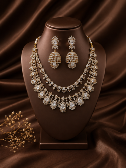 Jewelry set with necklace and earrings on a brown stand against a brown fabric background
