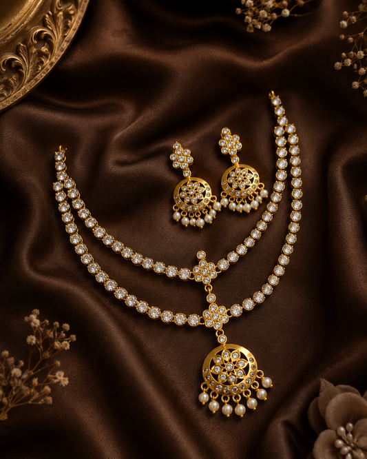 Dual Layer Kundan Attigai Necklace Set with Pearls