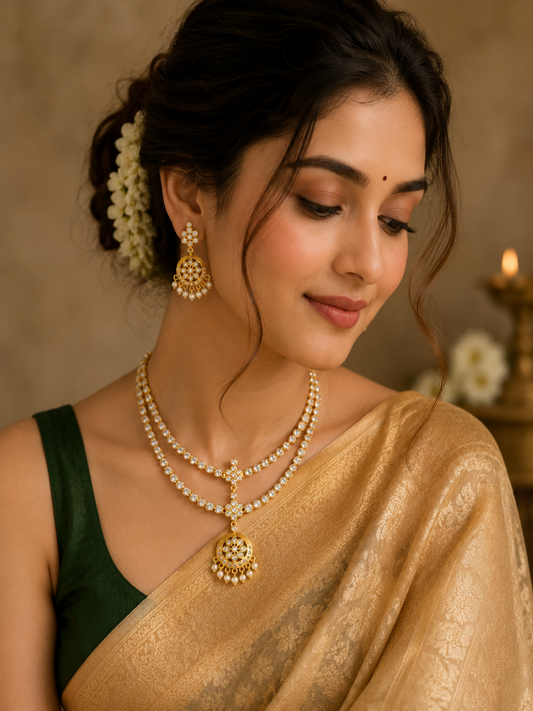 A woman styled in a gold silk saree and a green blouse wearing a traditional dual-layer gold-plated kundan attigai necklace with a round central medallion pendant and matching pearl-hung drop earrings.