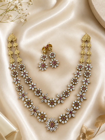 Tara Layered Floral CZ & Ruby Necklace Set