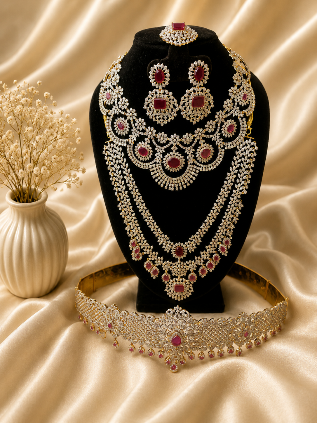 Jewelry set including necklace, earrings, and headband on a black stand with a soft beige background.