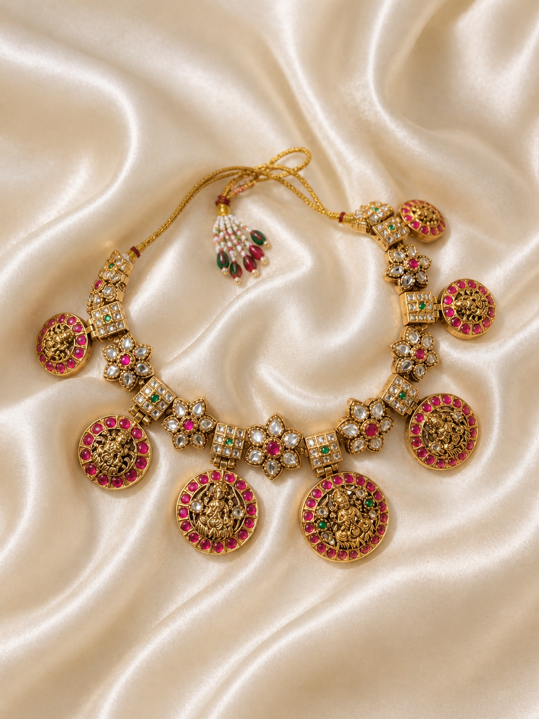Ornate necklace and earrings set on a satin surface