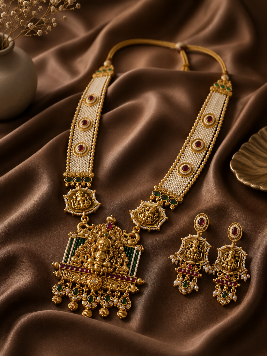 Ornate gold necklace and earrings on a brown fabric background