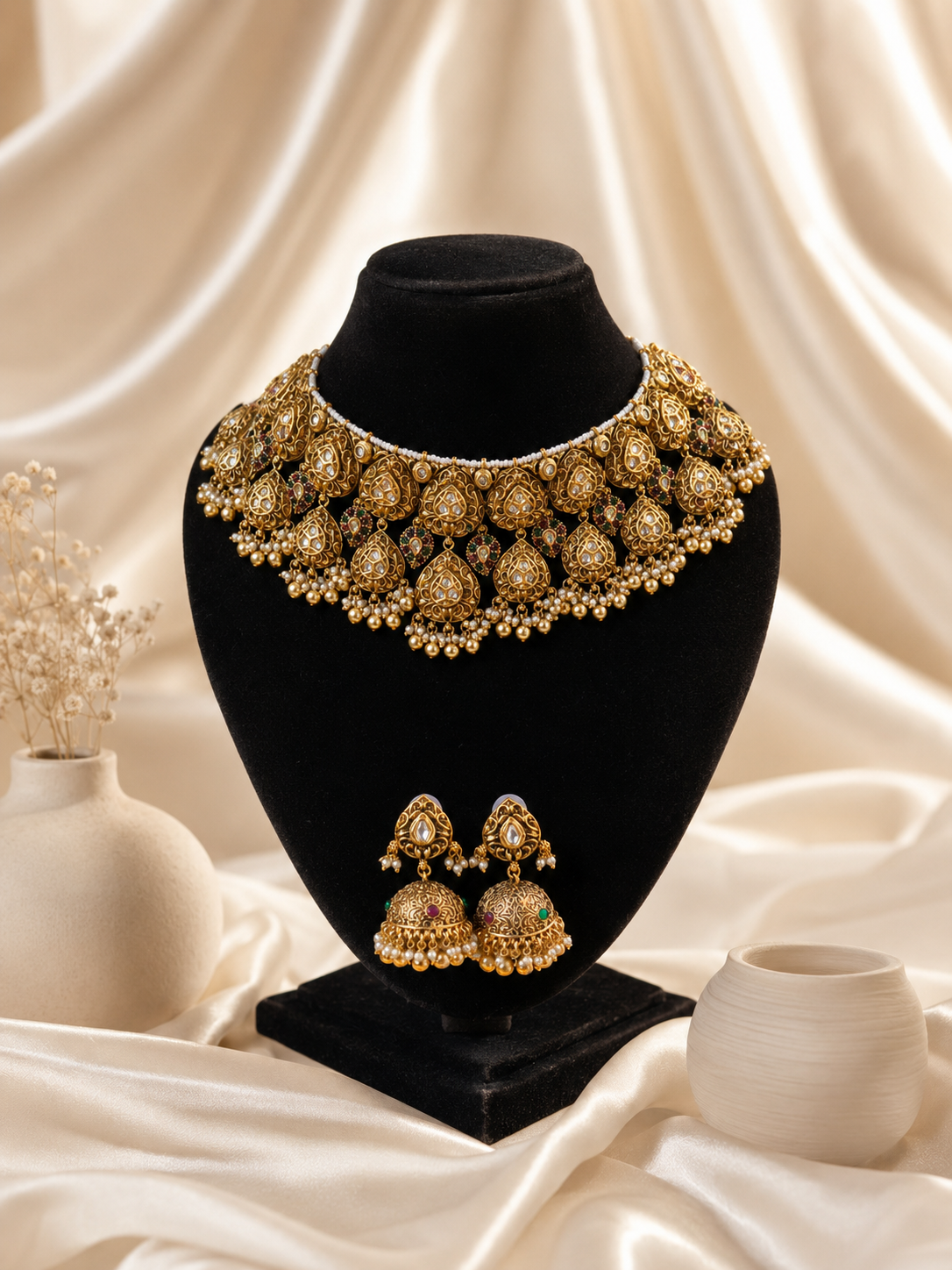Jaya Antique Non Idol Kundan Choker Set with Jhumkas