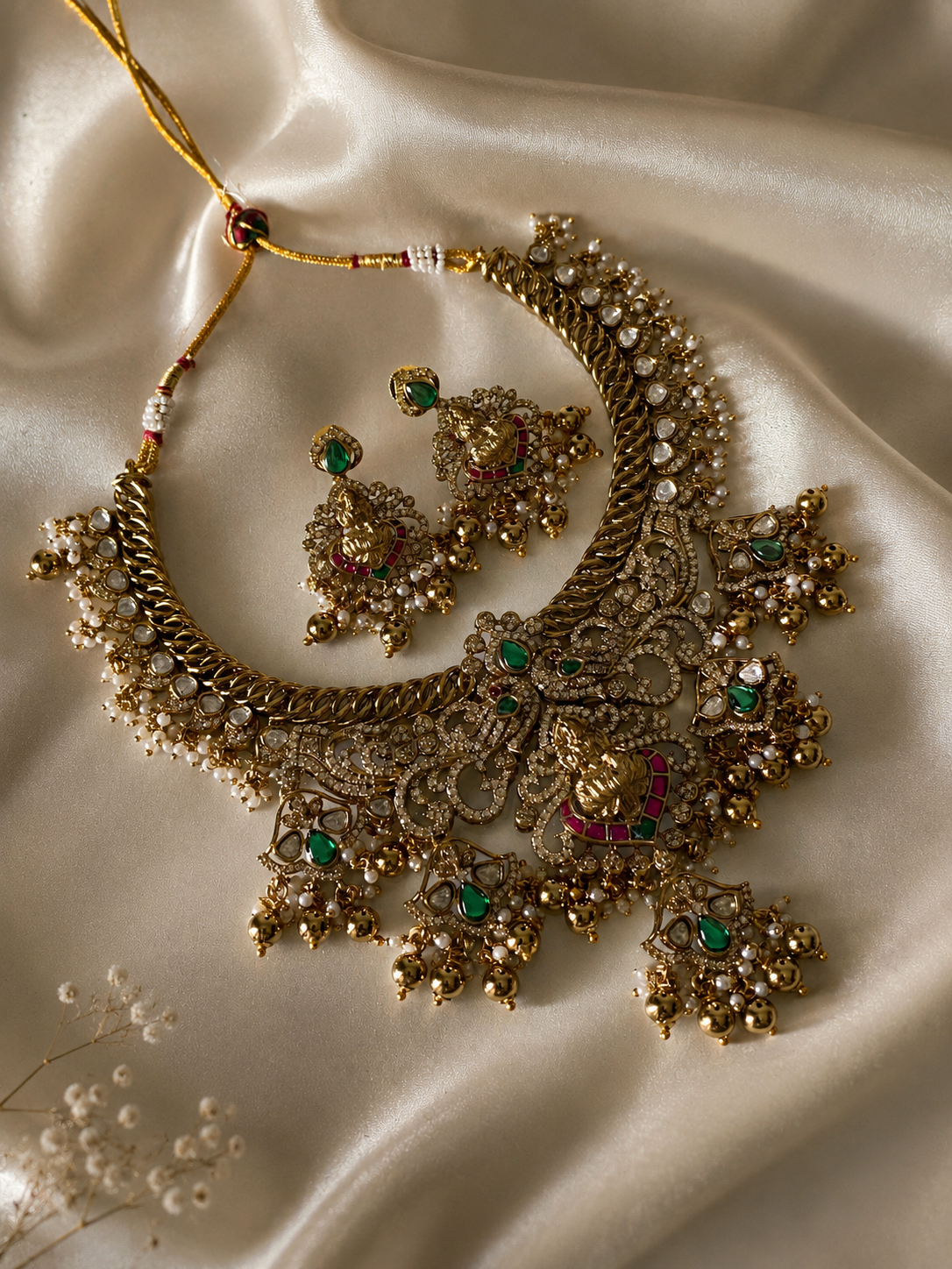 A traditional South Indian bridal jewelry set featuring a broad antique gold choker necklace and matching jhumka-style earrings with a central Goddess Lakshmi design, green and red stones, and hanging gold beads on a black display bust.