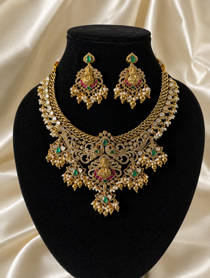 Navya Antique Gold Goddess Lakshmi Bridal Choker Necklace Set