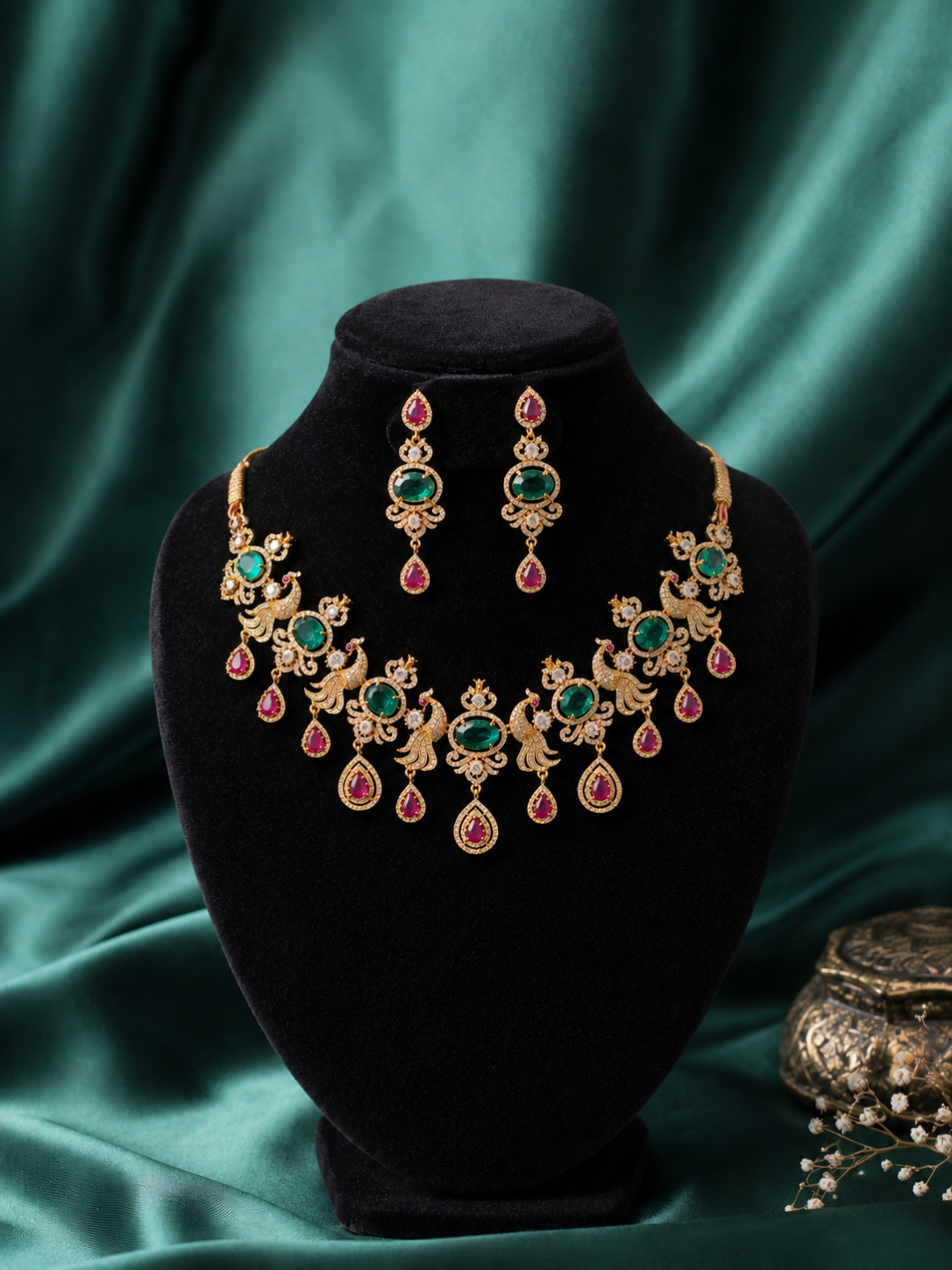 A traditional Victorian antique gold necklace and earring set featuring alternating peacock panels, large green emerald centers, and ruby teardrop pendants, arranged on emerald green satin fabric.