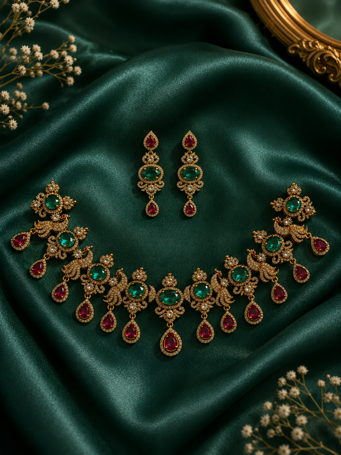Ornate necklace and earrings set on a dark green fabric background