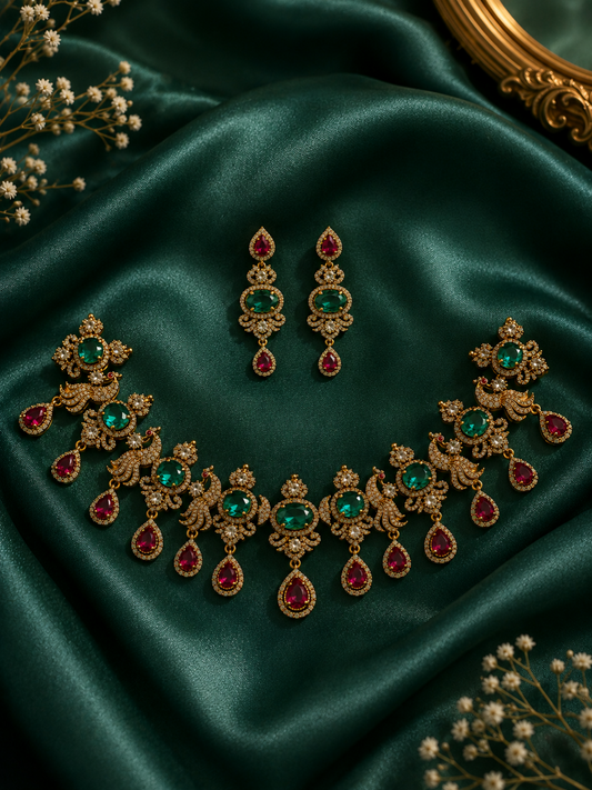 Ornate necklace and earrings set on a dark green fabric background