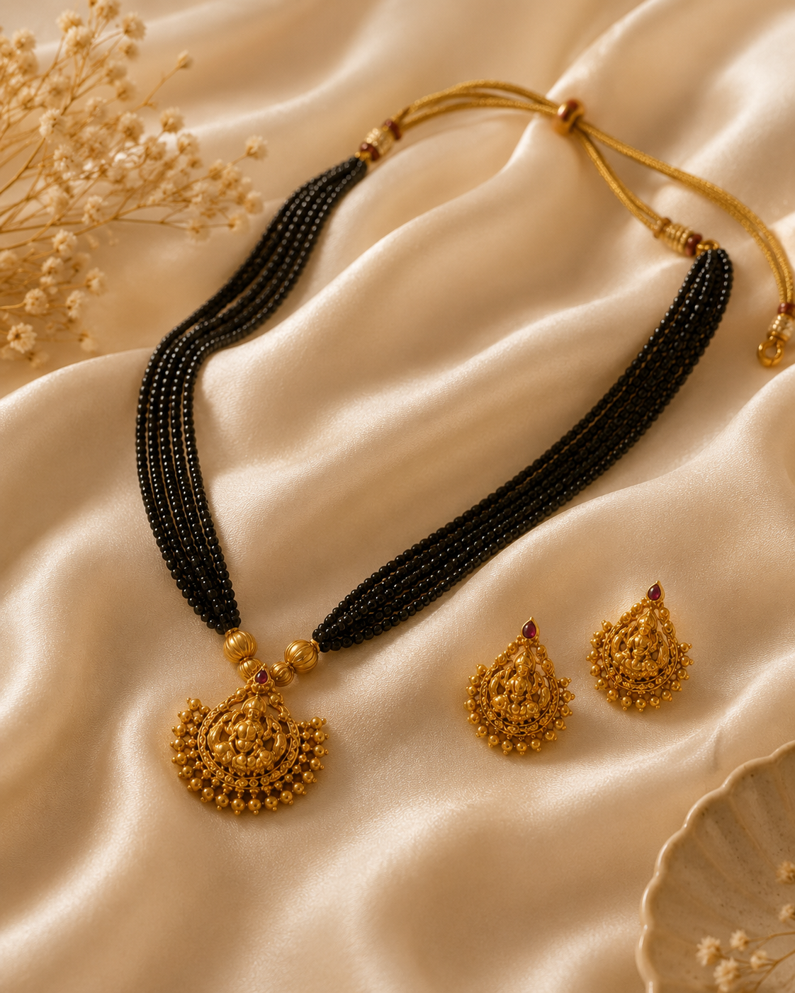 Venu Antique Gold Lakshmi Pendant Black Bead Set