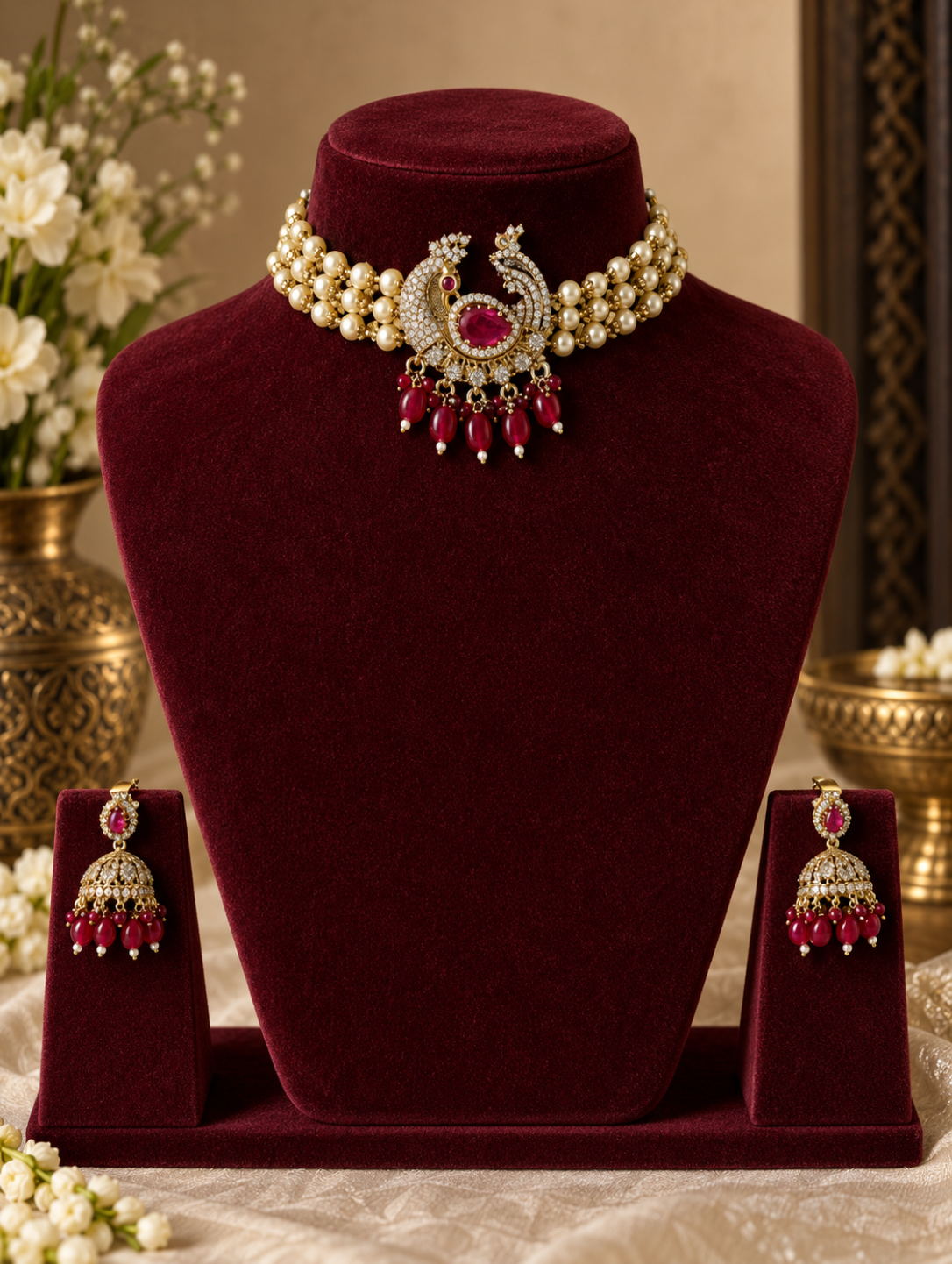 An ornate Indian jewelry set displayed on a dark burgundy velvet stand, featuring a pearl and gold choker necklace with a central peacock motif and red gemstone, along with matching dangle earrings.