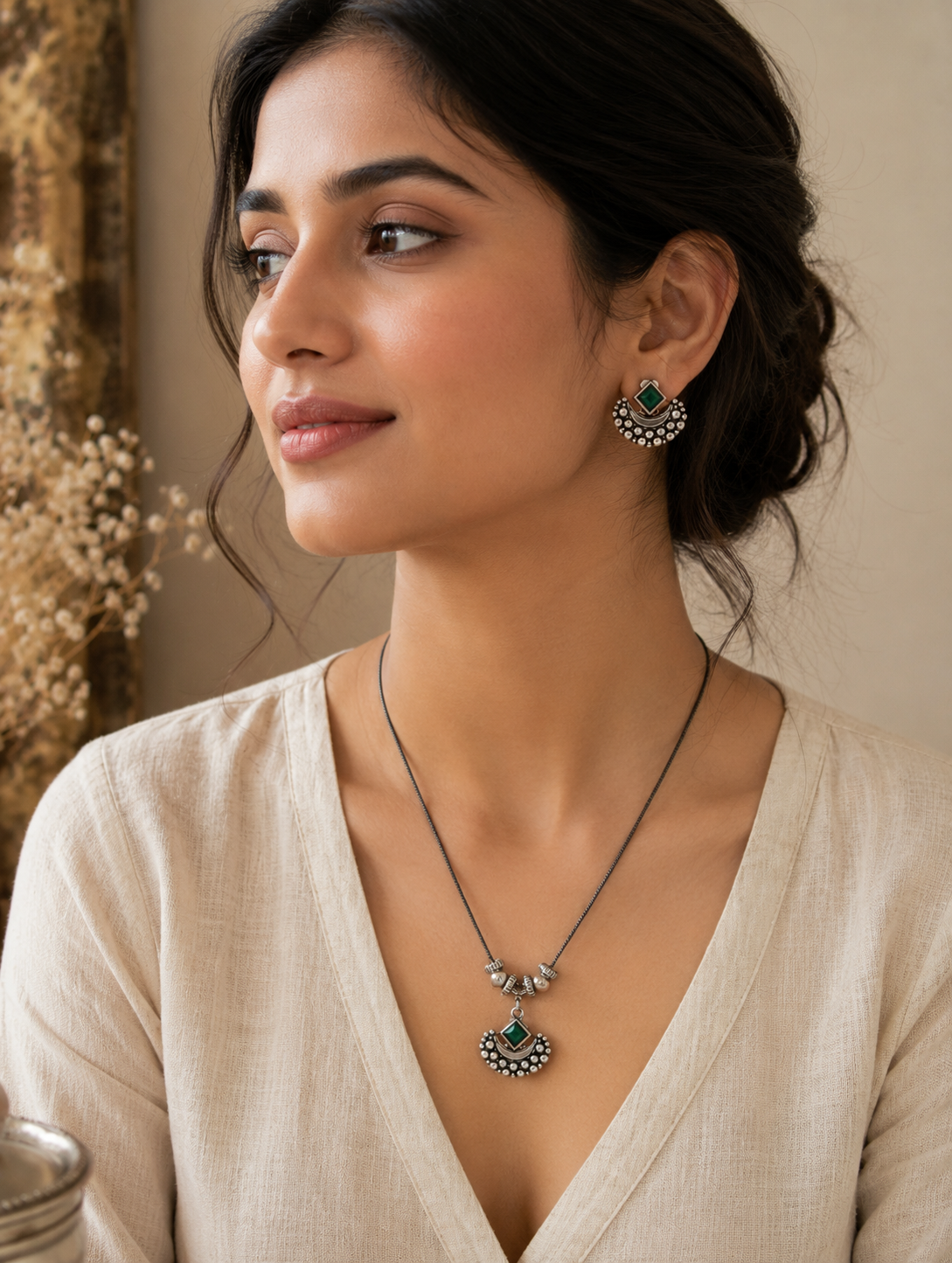 Woman wearing a necklace and earrings with a neutral background