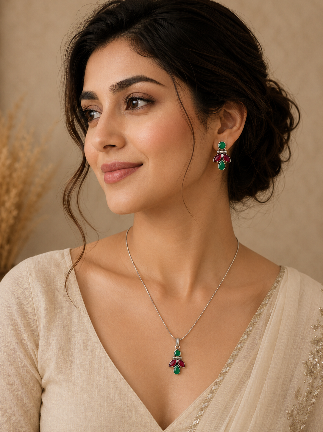 A woman modeling an oxidized silver jewelry set featuring a delicate chain necklace with a green and pinkish-ruby red leaf pendant, paired with matching drop earrings and a traditional cream saree.