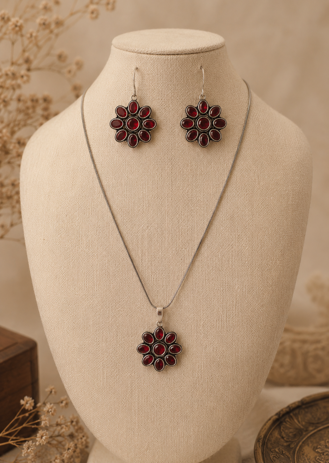 Silver necklace and earrings with red floral designs on a mannequin bust.