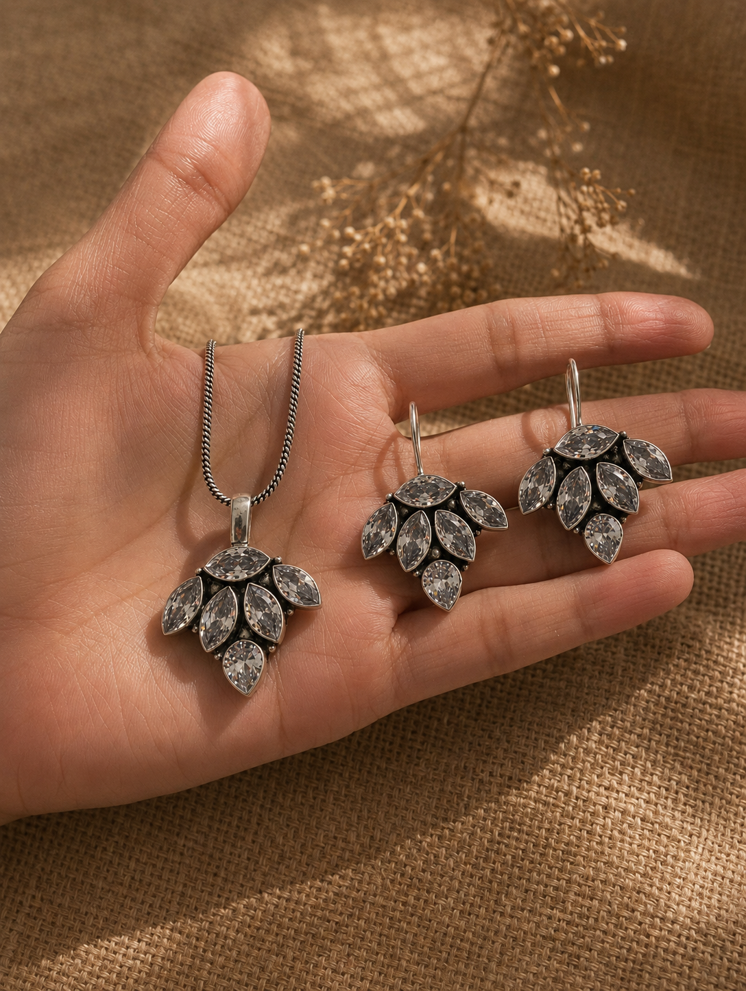 Hita Marquise Crystal Oxidized Silver Pendant and Earrings Set