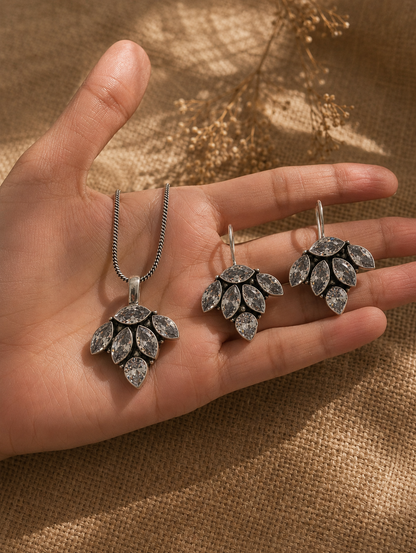 Hita Marquise Crystal Oxidized Silver Pendant and Earrings Set