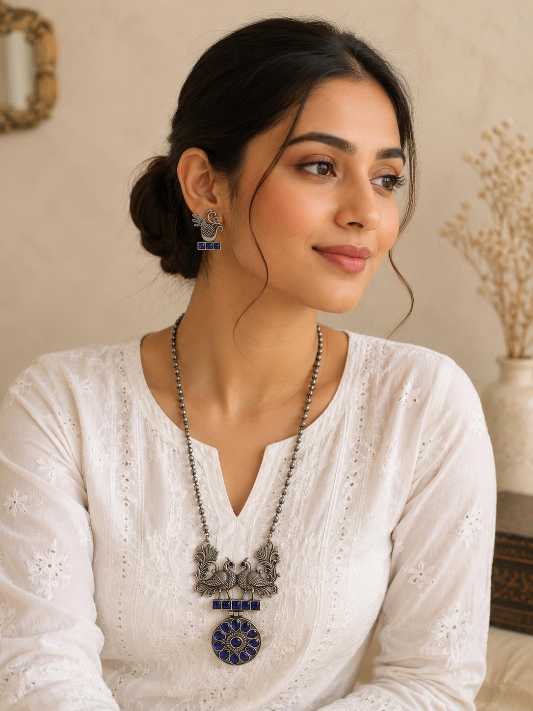 Woman wearing a white embroidered top with a long necklace and earrings indoors.