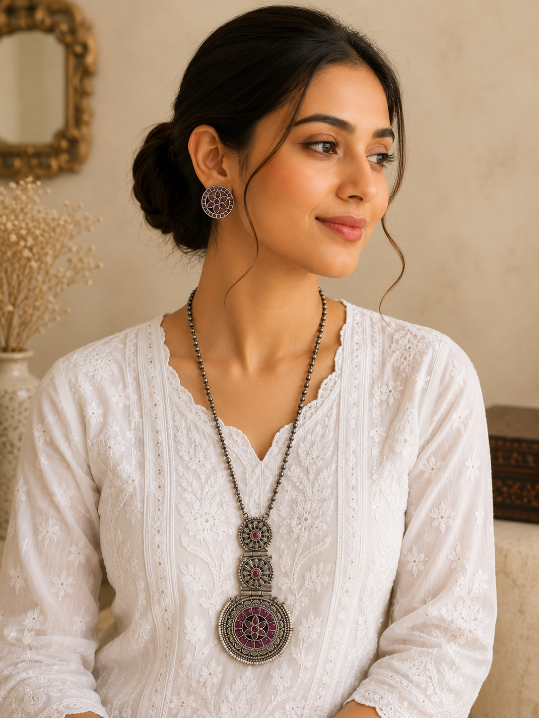 A smiling woman wearing a white embroidered chikankari kurta, styled with a long oxidized silver beaded chain necklace featuring a three-tier circular mandala pendant inset with pink stones, and matching round stud earrings.