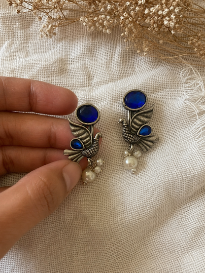 Yamuna Oxidized Silver Royal Blue Stone Peacock Necklace Set