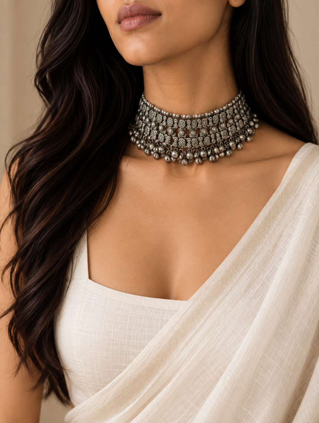 A close-up of a woman wearing a wide, ornate silver-toned beaded choker necklace with intricate circular patterns and dangling bead details, paired with a draped off-white blouse.
