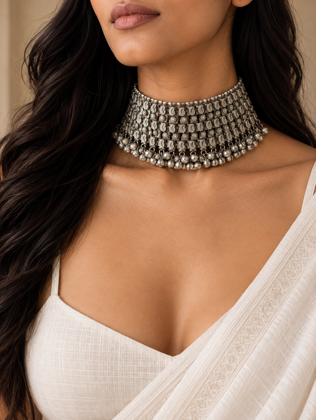 A close-up of a model wearing a wide, multi-strand silver-toned beaded choker necklace with intricate geometric patterns, paired with a white textured top.