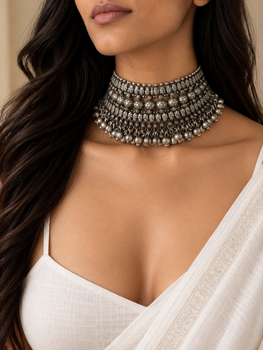 A close-up of a woman wearing a chunky, multi-strand silver-toned choker necklace with intricate filigree and bead details, paired with a white draped top.
