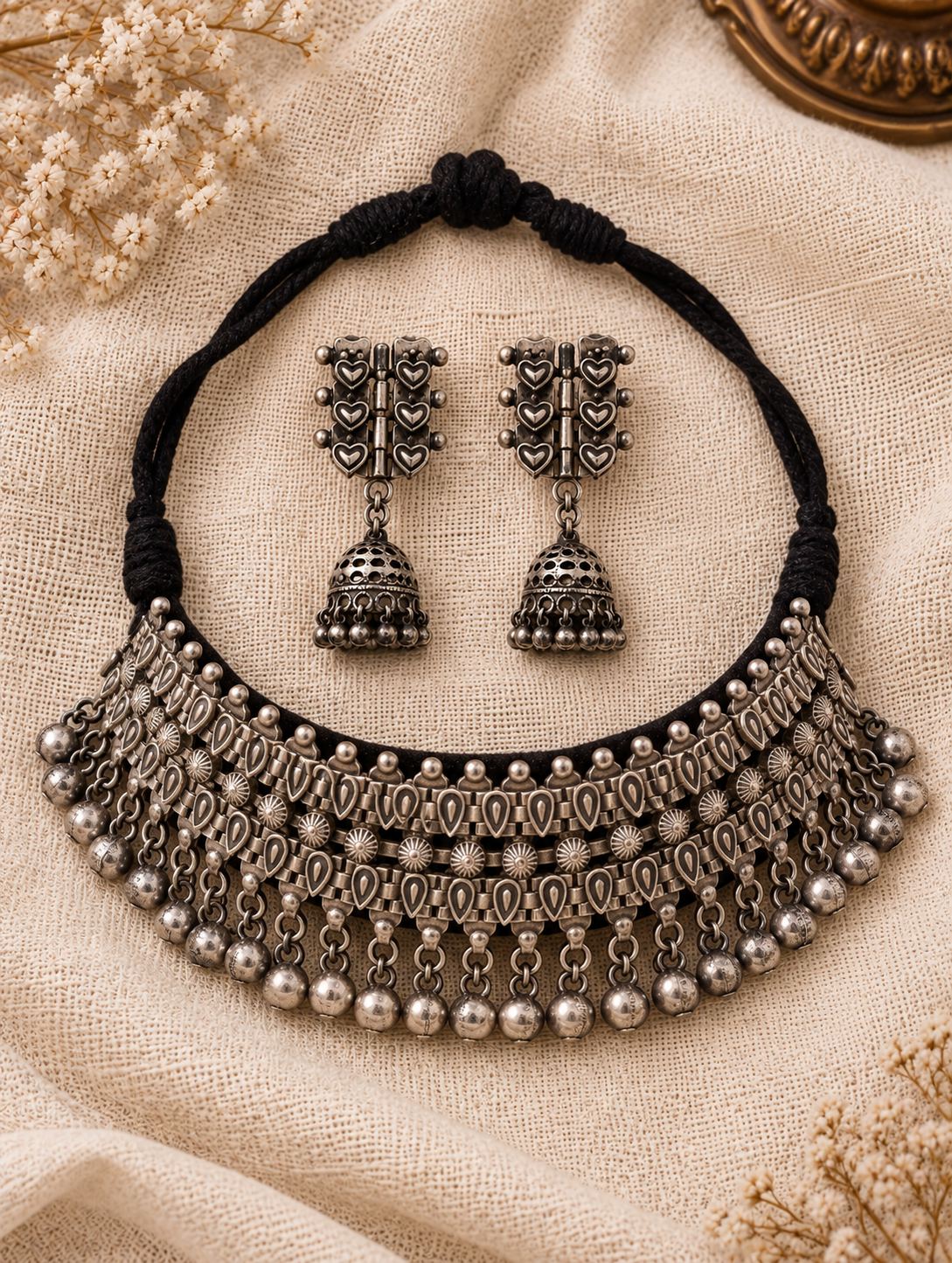 Antique Oxidized Silver Teardrop Motif Choker Set with Matching Heart-Detail Jhumkas