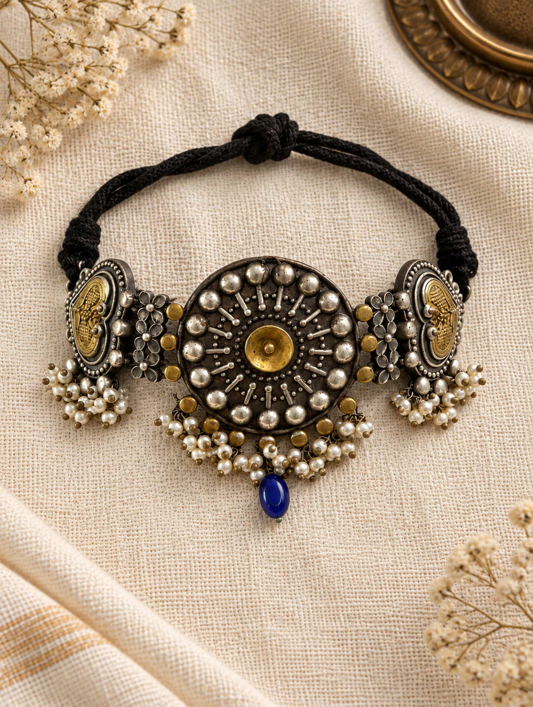 Intricate Oxidized Silver Broad Choker Necklace with Ghungroo Drops