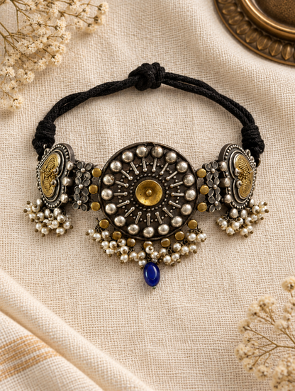 Intricate Oxidized Silver Broad Choker Necklace with Ghungroo Drops