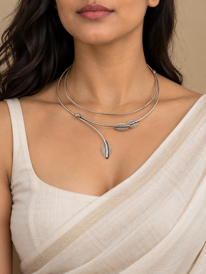 Handcrafted Oxidized Silver Leaf Vine Torque Necklace | Contemporary Collar Choker