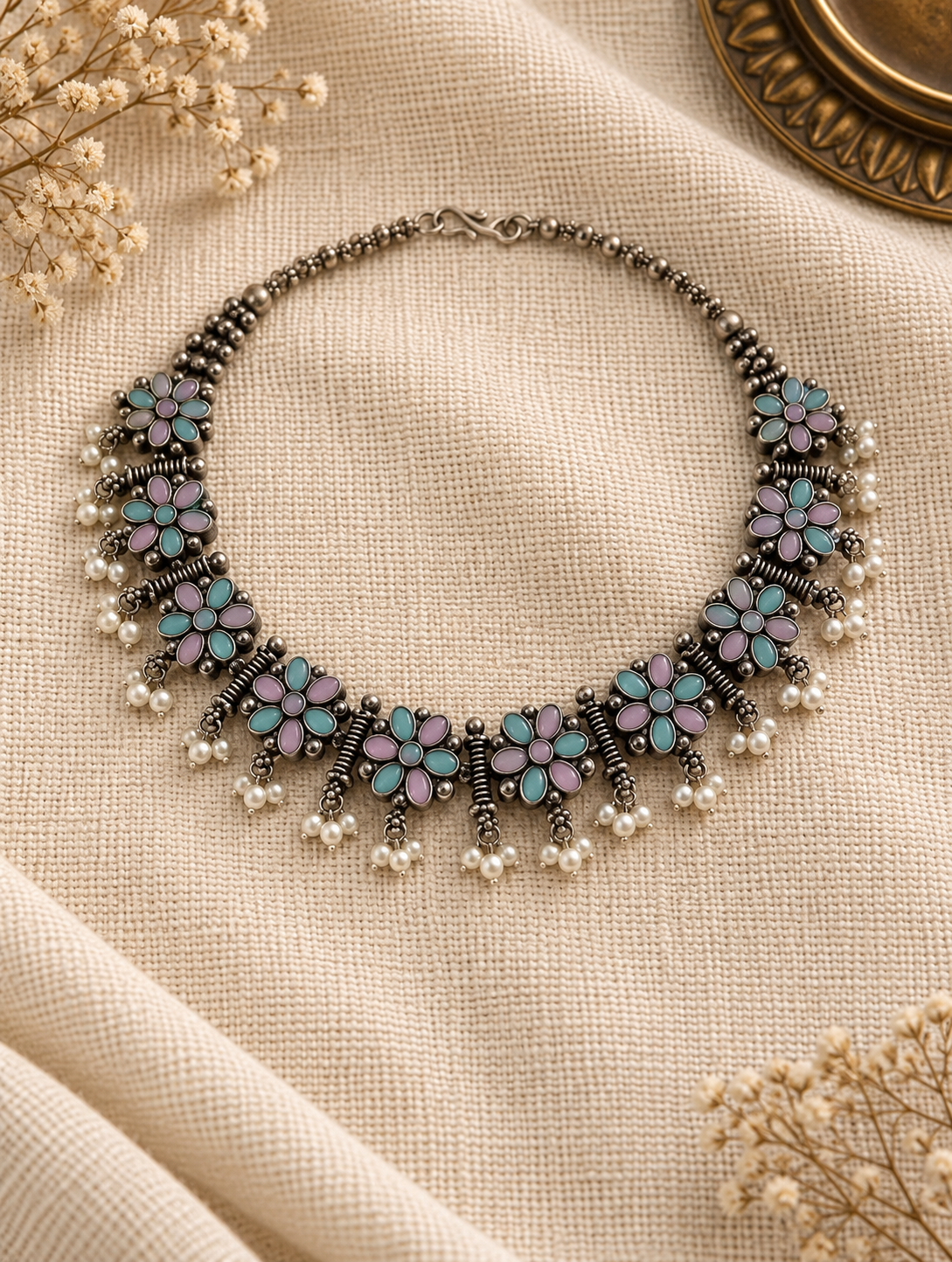 Handcrafted Pastel Floral Oxidized Silver Choker Necklace with Pearl Drops