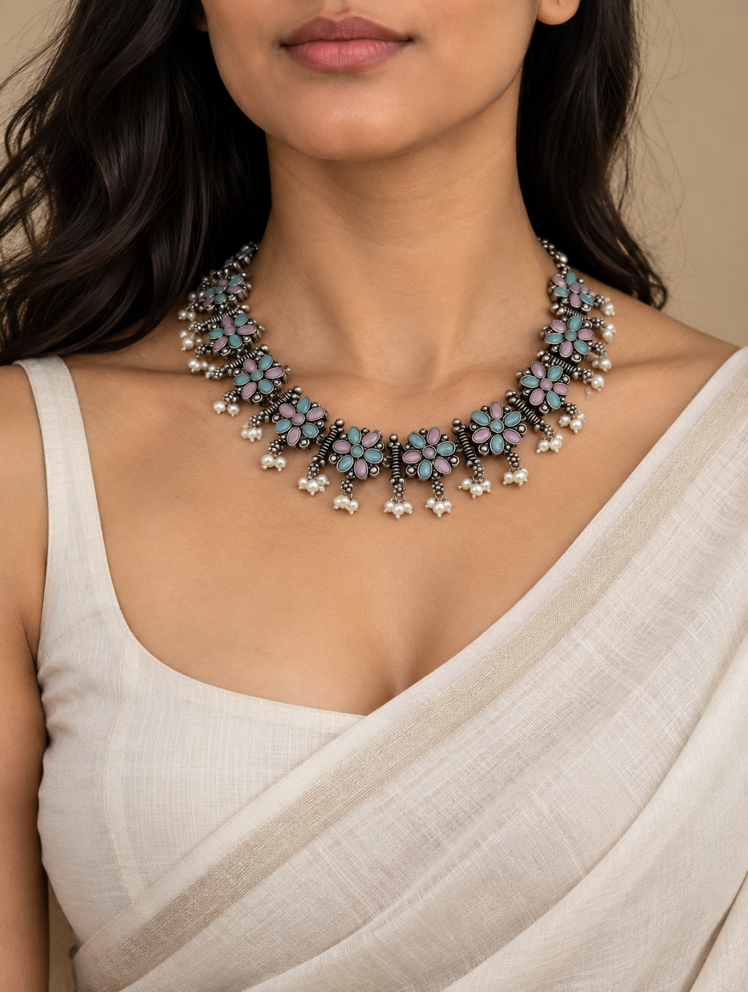 Handcrafted Pastel Floral Oxidized Silver Choker Necklace with Pearl Drops