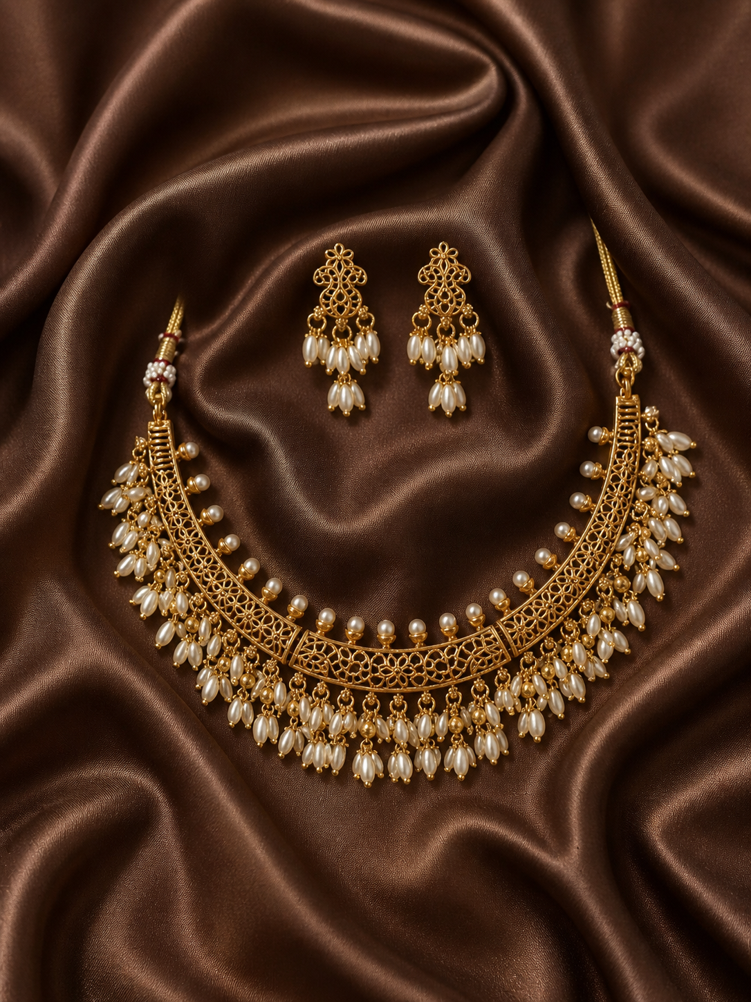Gold necklace and earrings set on brown satin fabric