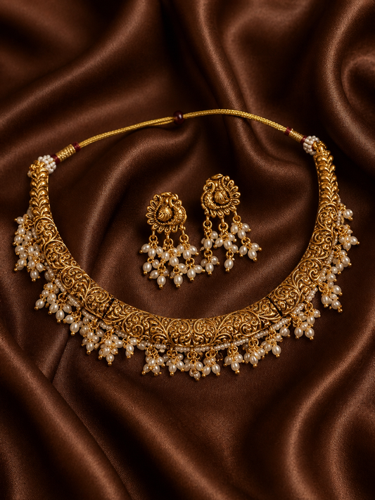 Gold necklace and earrings set on brown satin fabric