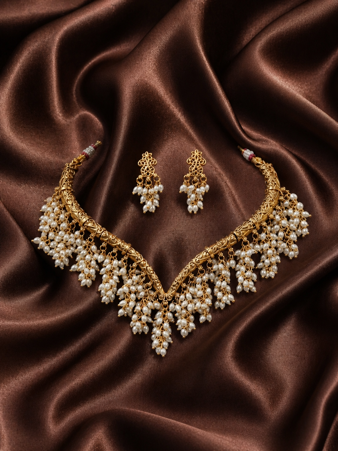 Gold necklace and earrings set on brown satin fabric