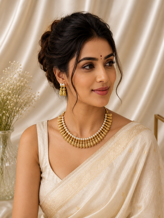 Woman wearing a gold necklace and earrings against a neutral background