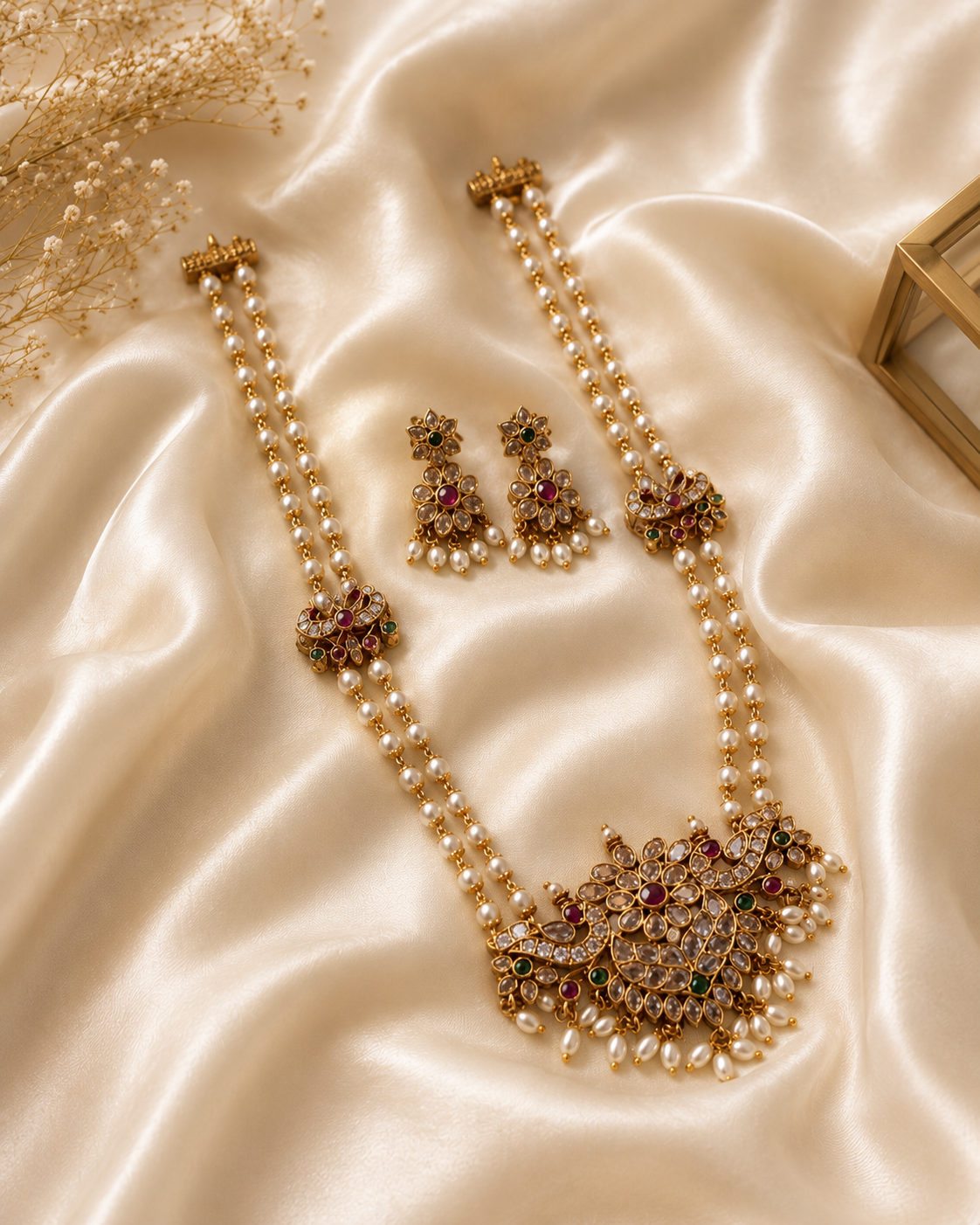 Jewelry set with necklace and earrings on a satin surface