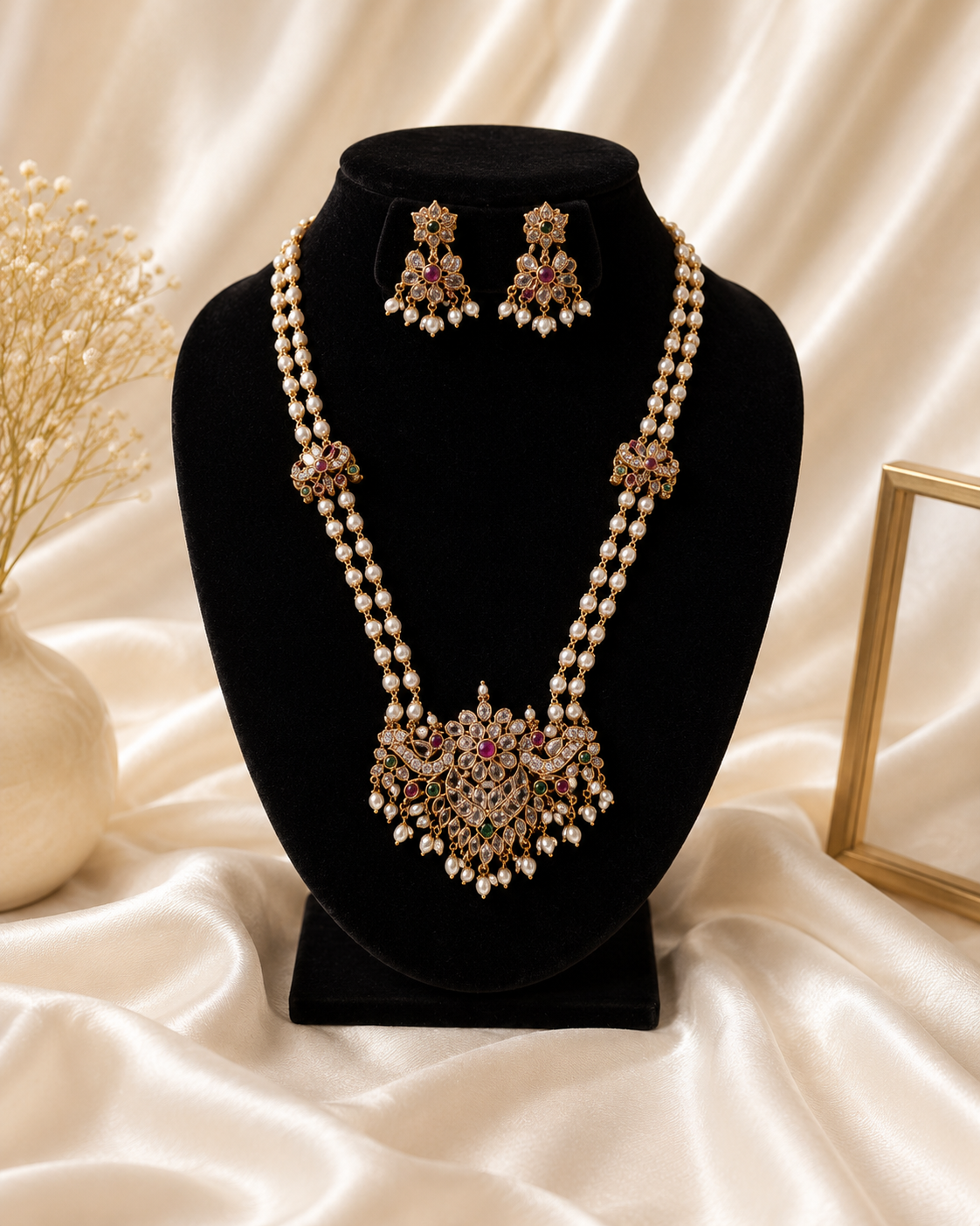 Bindya Antique Gold Pearl Layered Non Idol Long Haram Set