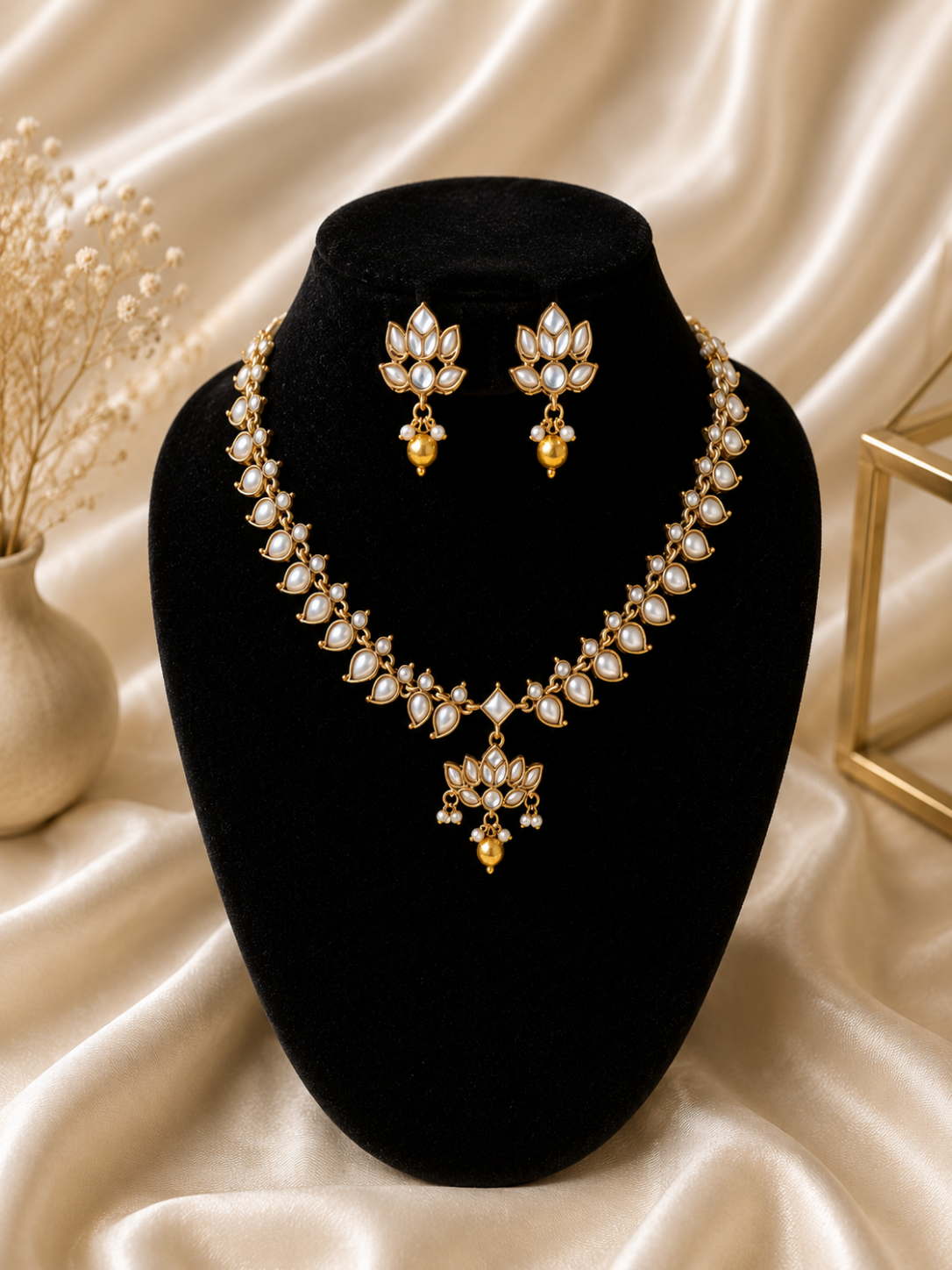 Gold necklace and earrings set on a black stand with a beige fabric background