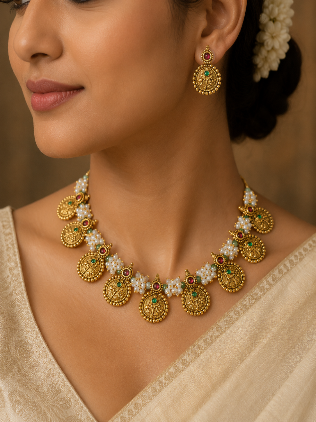 Woman wearing a gold necklace and earrings with a blurred background