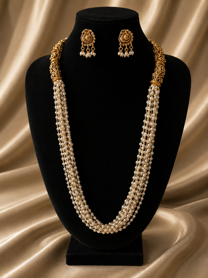 Prathima Antique Gold Multi-Strand Pearl Haaram Necklace Set