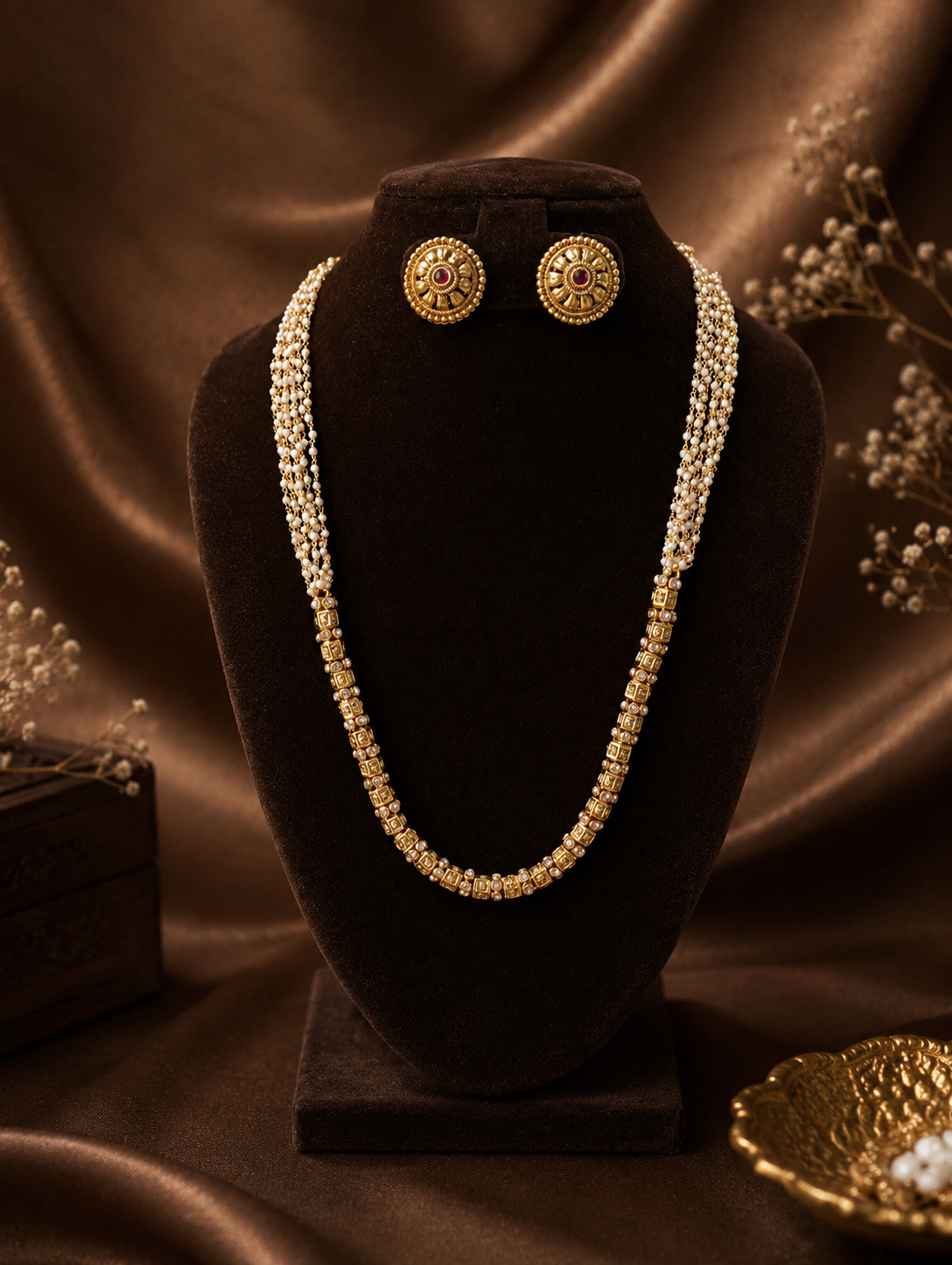 Prathiba Antique Gold Block Mala and Pearl Strand Necklace Set