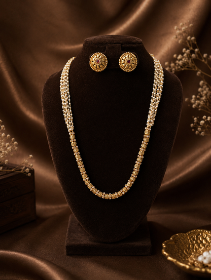 Prathiba Antique Gold Block Mala and Pearl Strand Necklace Set