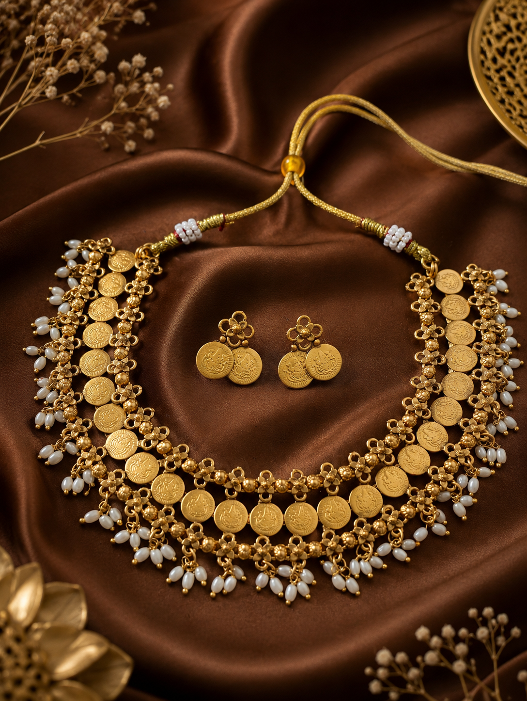 A South Indian antique gold coin choker necklace and matching double-coin stud earrings adorned with hanging small pearls, laid flat on a rich brown satin cloth.