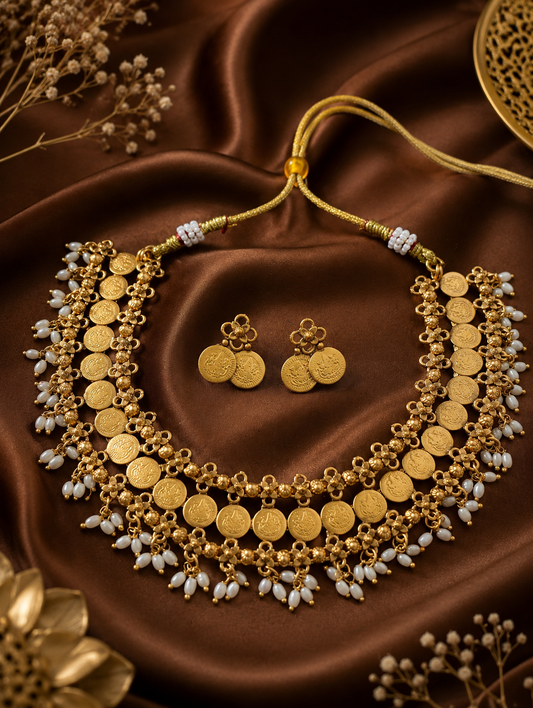 A South Indian antique gold coin choker necklace and matching double-coin stud earrings adorned with hanging small pearls, laid flat on a rich brown satin cloth.